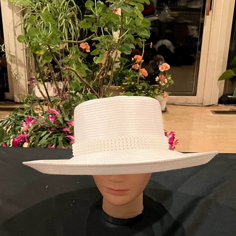 Elegant White Satin Ribbon Wide-Brim Hat With White Pearl Band